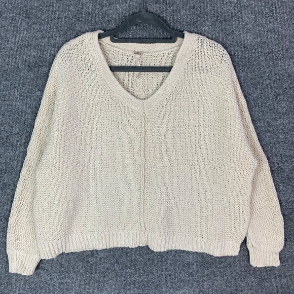 Free People Womens XS Pullover Sweater‎ Ivory Long Sleeve V Neck Crochet - Picture 1 of 11